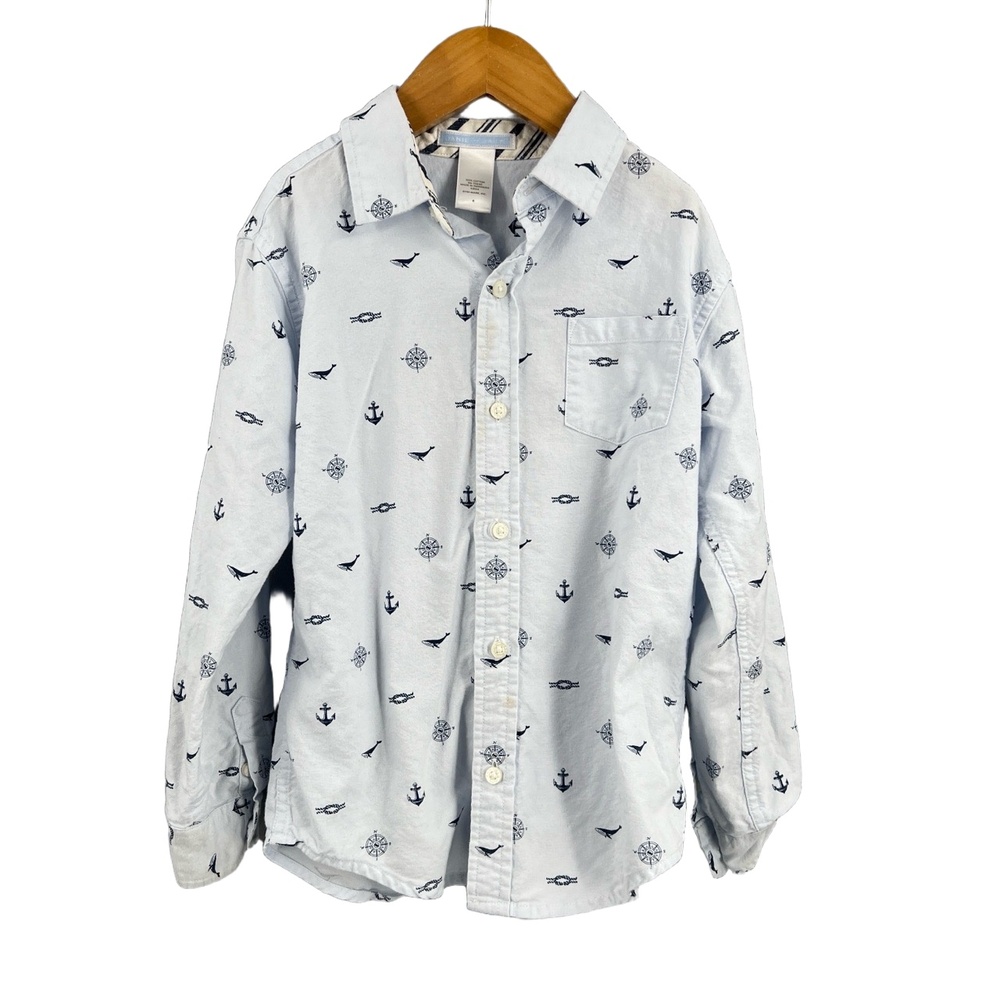 Janie and Jack Boys Nautical Print Button Up Shirt Blue Roll Tab Size 6